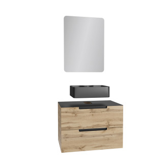 Meuble salle de bains 80 cm 2 tiroirs - chêne et noir - vasque rectangle - miroir 60x80 - omega Aurlane - PACM353