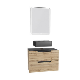 Meuble salle de bains 80 cm 2 tiroirs - chêne et noir - vasque rectangle - miroir black led - omega Aurlane - PACM363