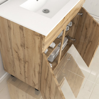 Meuble de salle de bains 80cm 2 Portes_Chêne Naturel + Vasque céramique blanche - TIMBER 80 Aurlane - PACM601