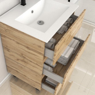 Meuble de salle de bains 60cm 3 tiroirs_chêne industriel + vasque céramique blanche - timber 60 Aurlane - PACM606