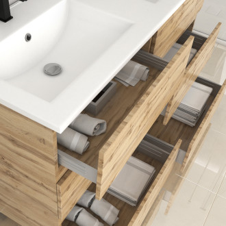 Meuble de salle de bains 120cm 6 tiroirs chêne industriel + vasque céramique blanche - TIMBER 120 Aurlane - PACM608