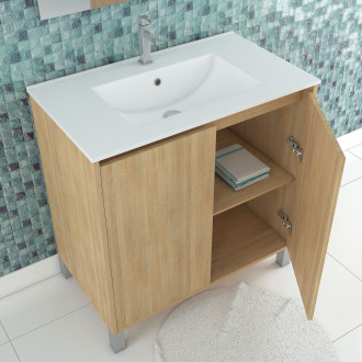 Pack meuble salle de bains 80cm chêne clair 2 portes, vasque, miroir 60x80 à leds intégrées - xenos Aurlane - PACM624