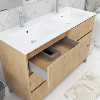 Meuble salle de bains 120 cm chêne clair 6 tiroirs, vasque, miroirs 60x80 à leds intégrées - xenos Aurlane - PACM644