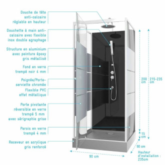 Cabine de douche 90 carrée 90x90x225cm - SCRATCHY 90 Aurlane - CAB113