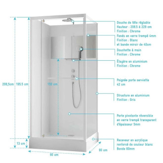 Cabine de douche carrée 90x90cm porte pivotante - Blanche - Bande Effet Miroir - SQUARE STRIPE Aurlane - CAB293