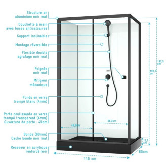 Cabine de douche rectangulaire 110x80x197 cm - Portes coulissantes - Receveur Noir Mat - ELEMENTARY Aurlane - CAB291