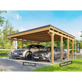 Carport Bois CASTELLANE - 558X555 - Panneau de Fond Intégré - Toiture en Bois + Feutre Bitumeux - Abris Voiture - Autoclave - 2 Voitures