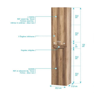 Colonne de salle de bain Bois suspendu - Hauteur 120 cm - 2 Portes - LEON Aurlane - LAV981
