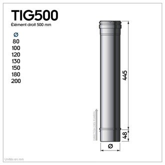 Lot de 5 tig500 conduit simple paroi étanche polycombustible longueur 50 cm       ø200