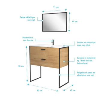 Ensemble meuble de salle de bain 80x45cm style industriel couleur chêne naturel - Vasque blanche - EDGE Aurlane - LAV574