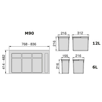 Kit poubelle de tri sélectif pour tiroir de cuisine avec socle Recycle hauteur 216mm, 2x12litres, 2x6litres, module 900mm, Plastique gris antracite