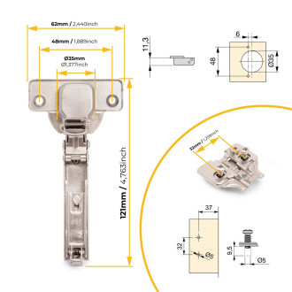 Lot de 20 charnières coudées X92 avec fermeture amortie avec embases à visser, Hauteur 0, Acier, Nickelé