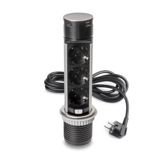 Multiconnecteur Vertikal Push 60, diamètre 60 mm, 3 prises de type Schuko, 1 USB de type A, 1 USB de type C, Acier et plastique, Acier inoxydable
