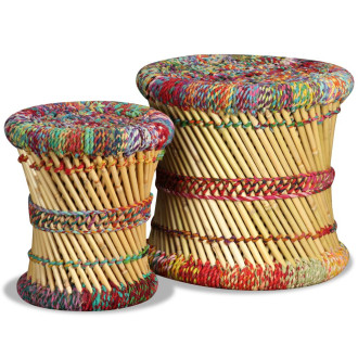 Tabourets avec détails chindi lot de 2 multicolore bambou