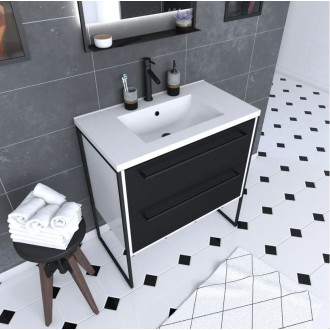 Meuble de salle de bain 80x50cm Blanc - 2 tiroirs noir mat - vasque résine blanche - STRUCTURA P021 Aurlane - PACM021