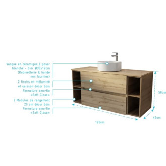 Meuble de salle de bains 120 cm - Décor chêne 2 tiroirs vasque blanche à poser - TIMBER Aurlane - PACM844