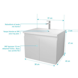 Meuble de salle de bains 60cm à suspendre Blanc 2 Portes - Vasque Blanche - ELEMENTARY Aurlane - LAV1036