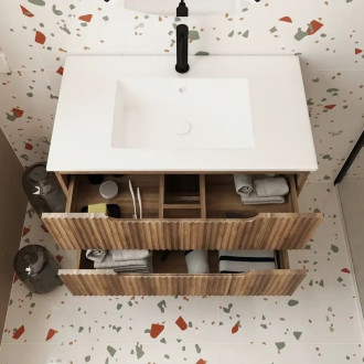 Meuble de Salle de Bains LEON 80 cm décor bois - 2 Tiroirs en MDF Ondulés - Vasque à encastre Aurlane - PACM728