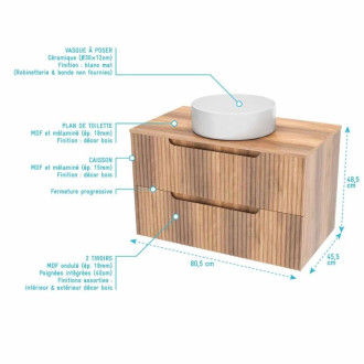 Meuble et colonne de salle de bains LEON 80cm - Façade ondulée - Vasque Ronde 36cm - LEON Aurlane - Couleur au choix