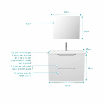 Meuble salle de bain 60cm suspendu 2 tiroirs blanc laqué poignées intégrées vasque et miroir – MILA Aurlane - LAV959