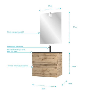 Meuble salle de bain 60x54 - Finition chêne naturel + vasque noire + miroir Led - TIMBER 60 - Pack29 Aurlane - PACM239