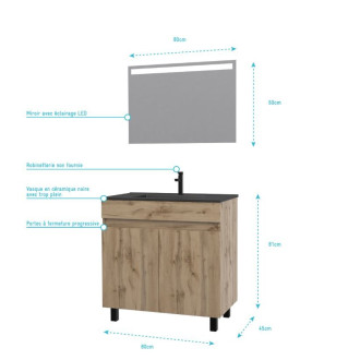 Meuble salle de bain 80x80 - Finition chêne naturel + vasque noire + miroir Led - TIMBER 80 - Pack06 Aurlane - PACM216