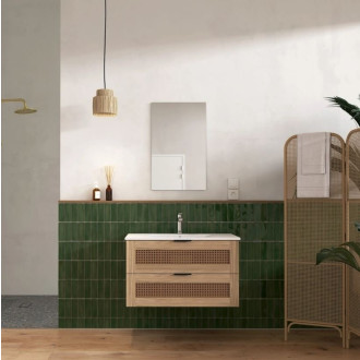 Meuble salle de bain cannage 60cm décor bois et cannage - 2 tiroirs vasque et miroir - APOLLINE Aurlane - LAV1039