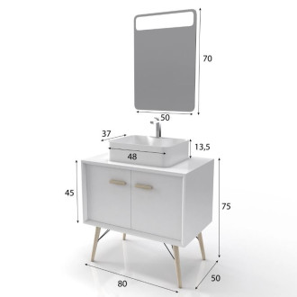 Meuble salle de bain scandinave blanc 80 cm sur pieds avec portes, vasque a poser et miroir LED Aurlane - LAV525