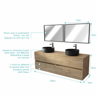 Meuble Salle de Bains 160 TIMBER Décor chêne 4 Tiroirs - Vasques à poser Noires 2 Miroirs 75x55 Aurlane - PACM861