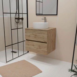 Meuble salle de bains 60cm 2 Tiroirs chêne naturel + Vasque ronde diamètre 36cm en céramique blanche Aurlane - PACM740