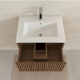 Meuble salle de bains 60cm 2 Tiroirs décor chêne et noir cranté - Vasque blanche mate - YUKI Aurlane - PACM898