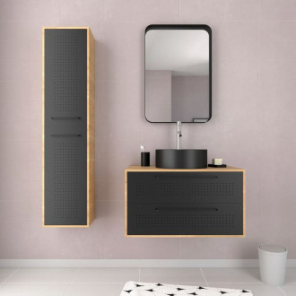 Meuble Salle de Bains 80 cm avec vasque ronde miroir et colonne - Chêne naturel et Noir - UBY Aurlane - PACM263