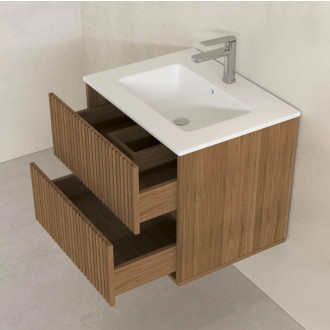 Meuble salle de bains YUKI 60 - 2 Tiroirs décor chêne et noir - Vasque Blanche - Miroir ovale 50x80 - YUKI Aurlane - PACM882