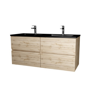Meuble de salle de bains 120 cm 4 tiroirs chêne naturel + vasque double céramique noire - timber Aurlane - PACM711