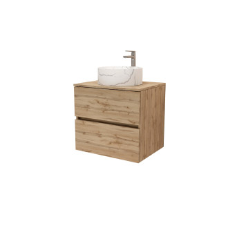 Meuble salle de bains 60cm 2 Tiroirs chêne naturel + Vasque ronde Ø36cm blanche effet marbre Aurlane - PACM739
