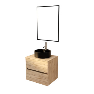 Meuble salle de bains 60cm 2 tiroirs chêne naturel + vasque noire ø41cm et miroir 60x80cm Aurlane - PACM758