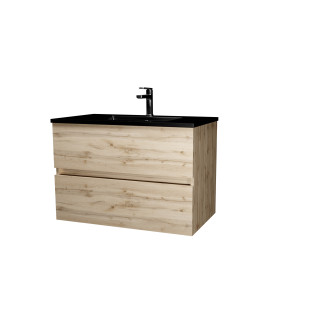 Meuble de salle de bains 80 cm 2 tiroirs chêne naturel + vasque céramique noire - timber Aurlane - PACM708