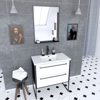 Pack meuble de salle de bain 80x50 cm - 2 tiroirs blanc - Vasque blanche + miroir noir mat Aurlane - PACM045