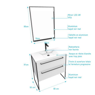 Pack meuble de salle de bain 80x50cm Blanc - 2 tiroirs - vasque blanche et miroir noir mat Aurlane - PACM011
