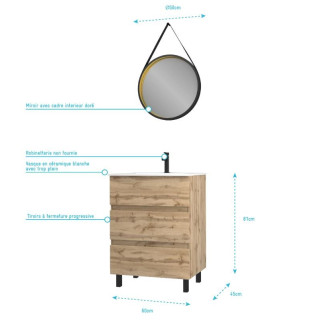 Pack Meuble SDB 60cm sur pieds 3 tiroirs Chêne - Vasque noire + Miroir Barber - TIMBER 60_Pack42 Aurlane - PACM252