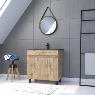 Pack Meuble SDB 80cm sur pieds 2 portes chêne - Vasque noire + Miroir Barber - TIMBER 80_Pack24 Aurlane - PACM234