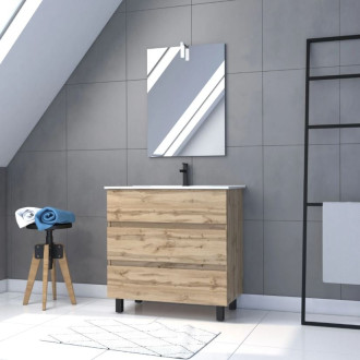 Pack Meuble SDB 80cm sur pieds 3 tiroirs chêne - Vasque blanche + Miroir Led - TIMBER 80_Pack47 Aurlane - PACM257