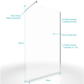 Pack paroi de douche a l’italienne - Verre transparent 6mm – paroi + Barre de fixation recoupable Aurlane - FAC435