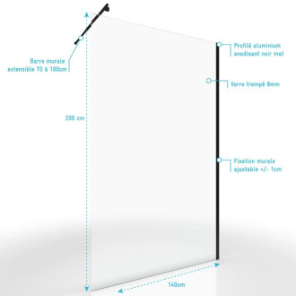 Pack paroi de douche a l’italienne transparent 140 cm profilé noir mat - 140x200 cm Aurlane - FAC430