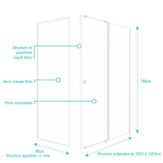 Pack porte de douche coulissante blanc 140x185cm + retour 80 verre transparent 5mm - WHITY SLIDE Aurlane - PACF028