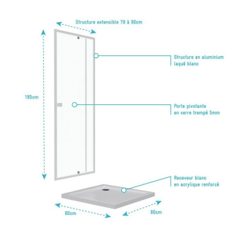 Pack porte de douche pivotante blanc de 78 à 90x185cm + receveur 80x80 - WHITY PIVOT Aurlane - PACF038