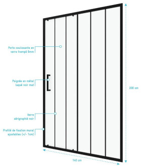 Paroi de douche 1 porte coulissante 140×200 cm - Verre sérigraphié - Profilé Noir - CRUSHX Aurlane - FAC593