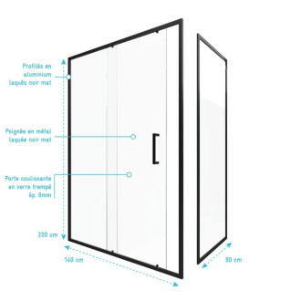 Paroi de douche 1 porte coulissante + Retour 140x90x200 cm - Verre 6 mm - Profilé Noir - CRUSH Aurlane - FAC623