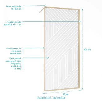 Paroi de douche 90x200 - Style Japandi géométrique - Cadre effet bois - Verre 6mm - HINATA Aurlane - FAC1089