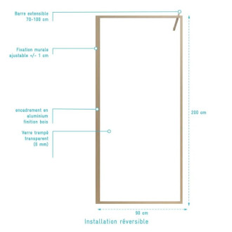Paroi de Douche 90x200 cm - Cadre et Bras Aluminium Décor Bois - WOODEN CONTOURING Aurlane - FAC1057